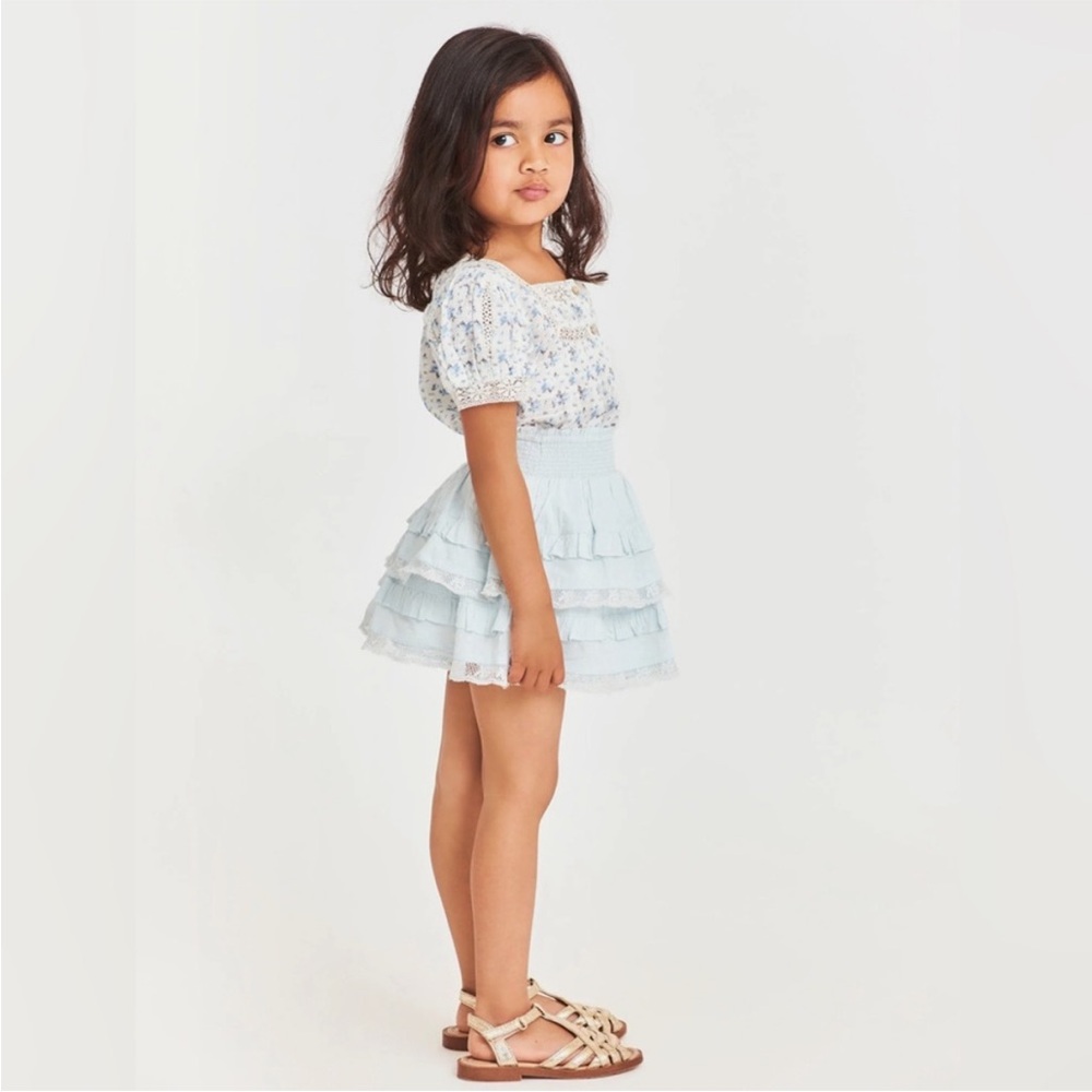 LoveShackFancy Girls Riveria Blue Ruffled Eyelet Tiered Skirt